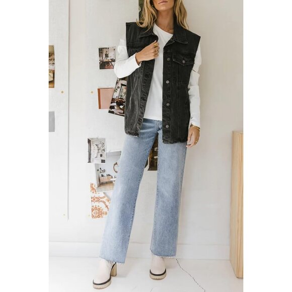 Women’s High Waisted Straight Leg Jeans Raw Hem Cropped Wide Leg Pants - Picture 4 of 6